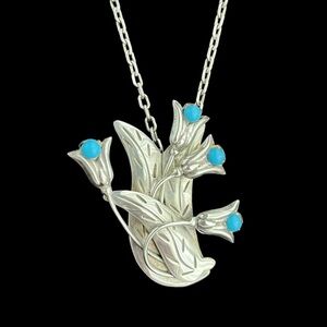 Vintage Taxco Mexico 950 sterling silver and turquoise floral brooch pin